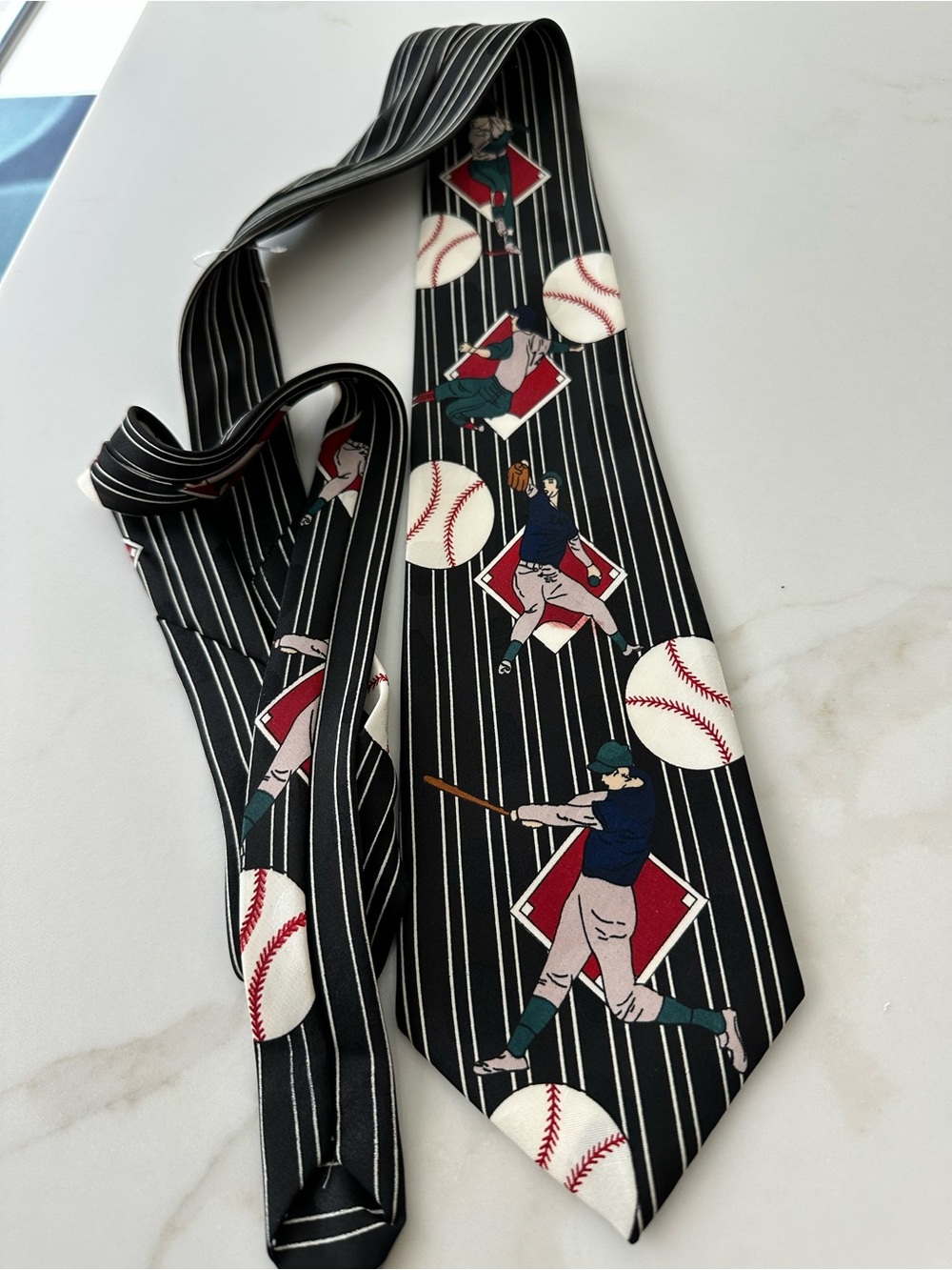 Black Pinstripe Baseball Print Tie - Men's Novelty Sports Tie